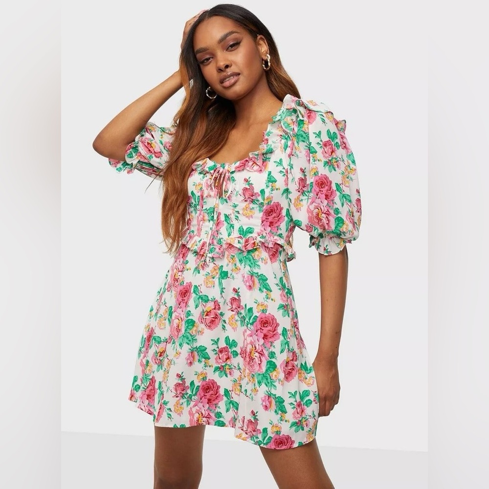 For Love and Lemons Coquette Puff Sleeve Floral Ruffle Mini Dress Pink Green